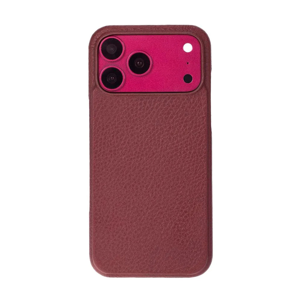 A burgundy textured leather phone case with a bright magenta camera lens protector, shown on a white background.
