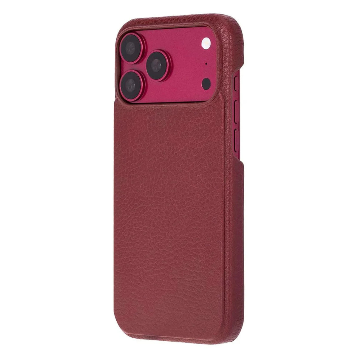 A burgundy textured leather phone case with a built-in magnetic card slot, shown on a phone with a metallic magenta camera bezel against a solid white background.