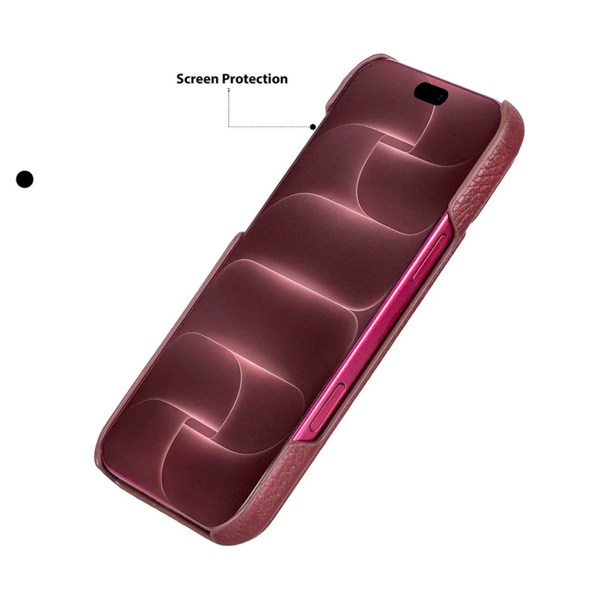 A dark burgundy phone case with a textured leather-look finish and a glossy pink inner lining, shown on a white background with a 'Screen Protection' callout.