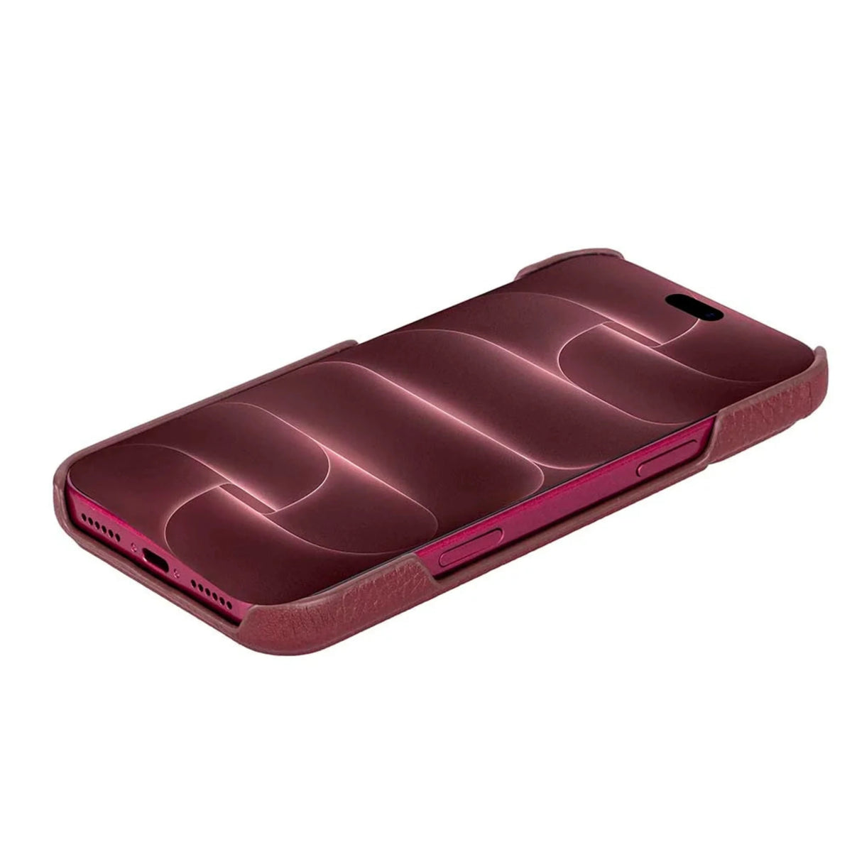 A dark red textured phone case with a glossy, wavy patterned back and a matte, lip-textured border, shown on a solid white background.