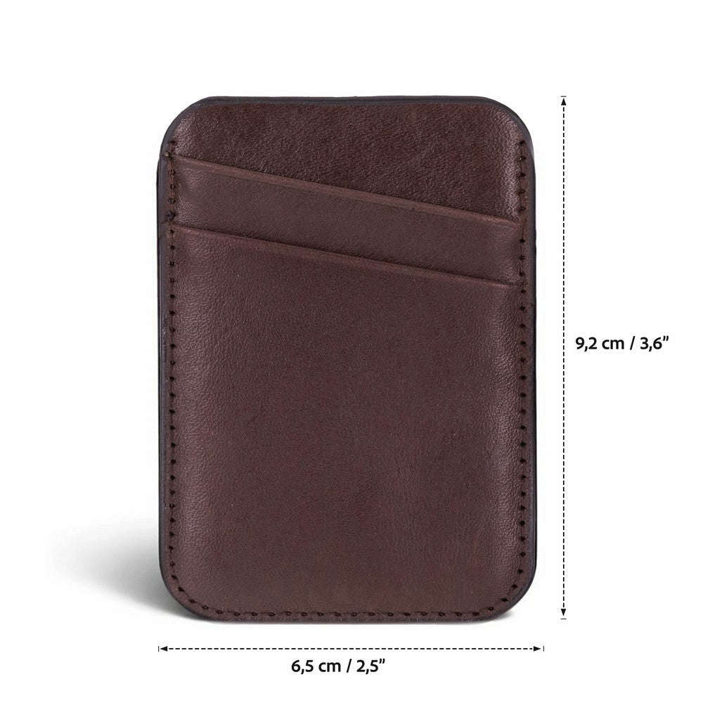 Brown leather cardholder with dimensions on a white background