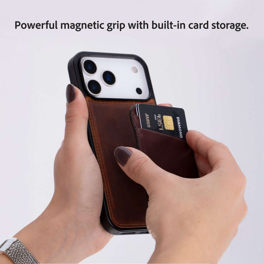 Phone case with built-in card storage held by a hand on a light gray background