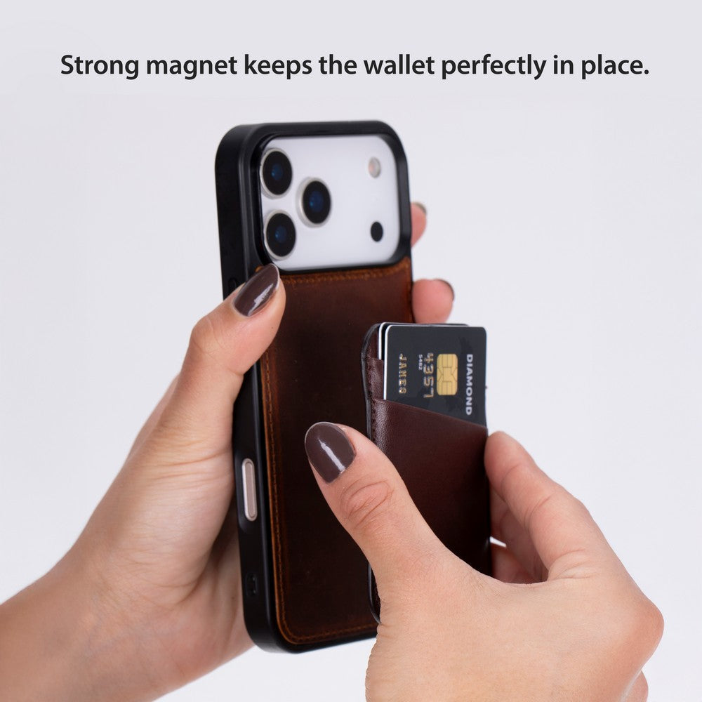 Phone case with a strong magnet holding a card in place, on a white background.