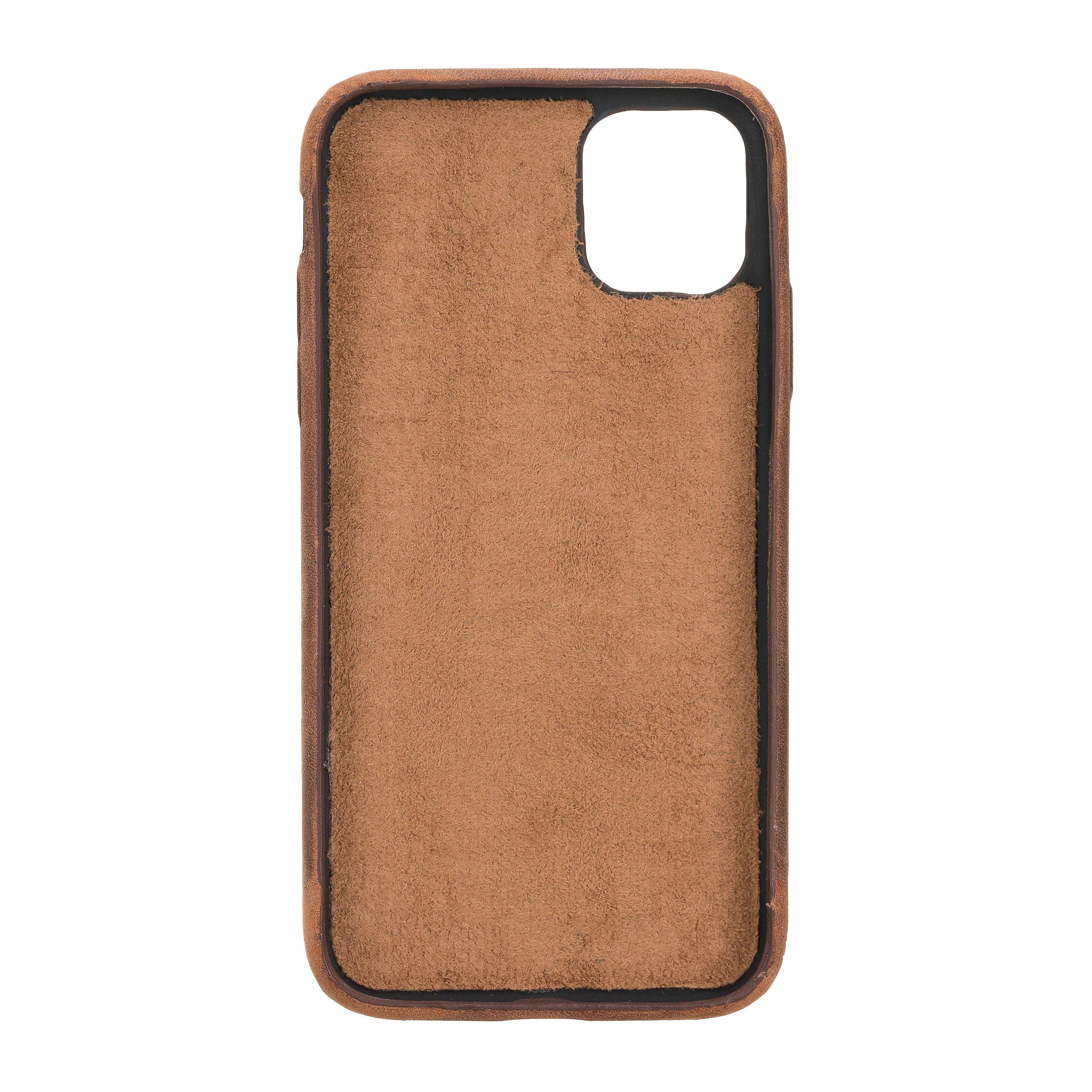 Brown phone case with black border on a white background