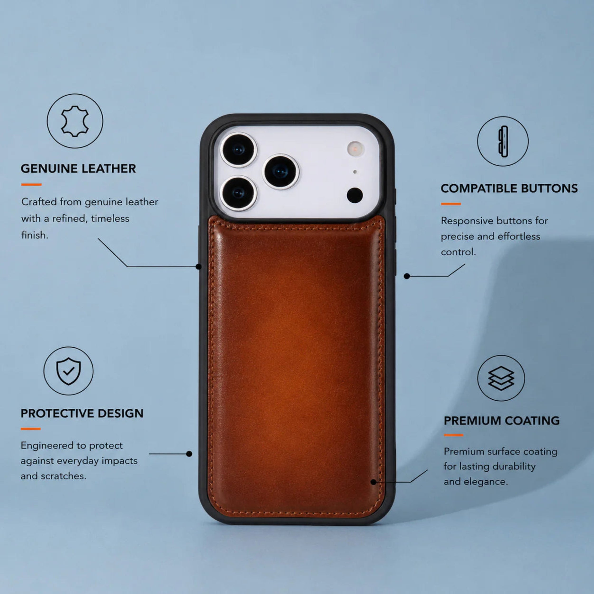 A brown leather phone case with a black bumper frame, shown on a light blue background with informational callouts about genuine leather, compatible buttons, protective design, and premium coating.