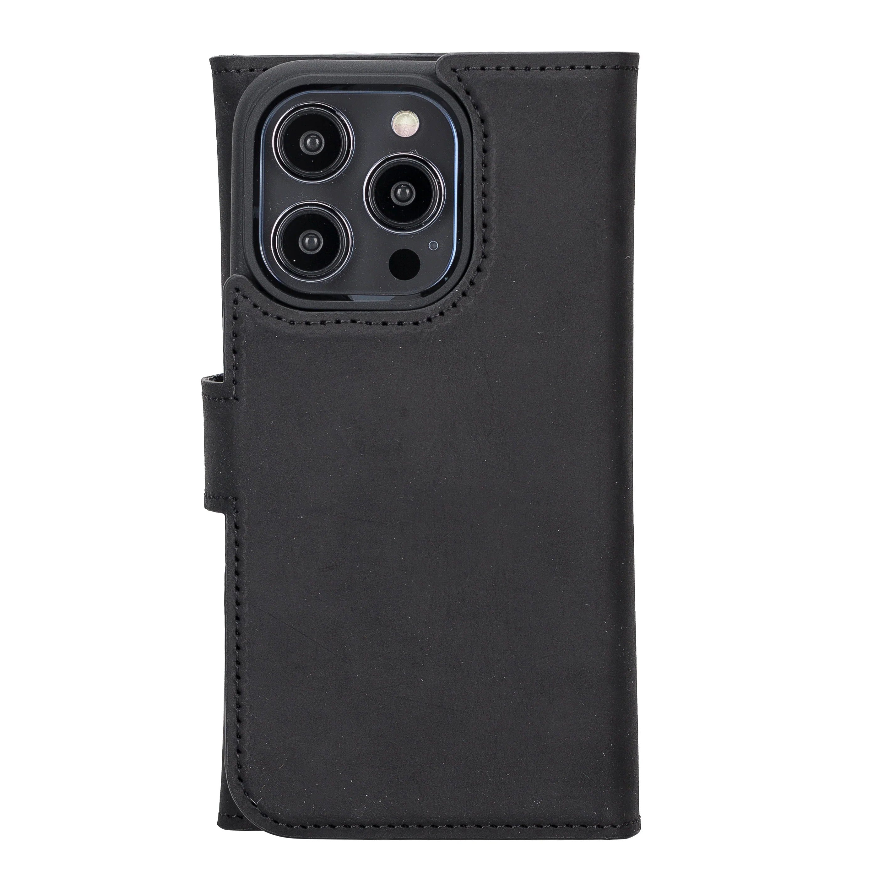 Black phone case with wallet functionality on a white background