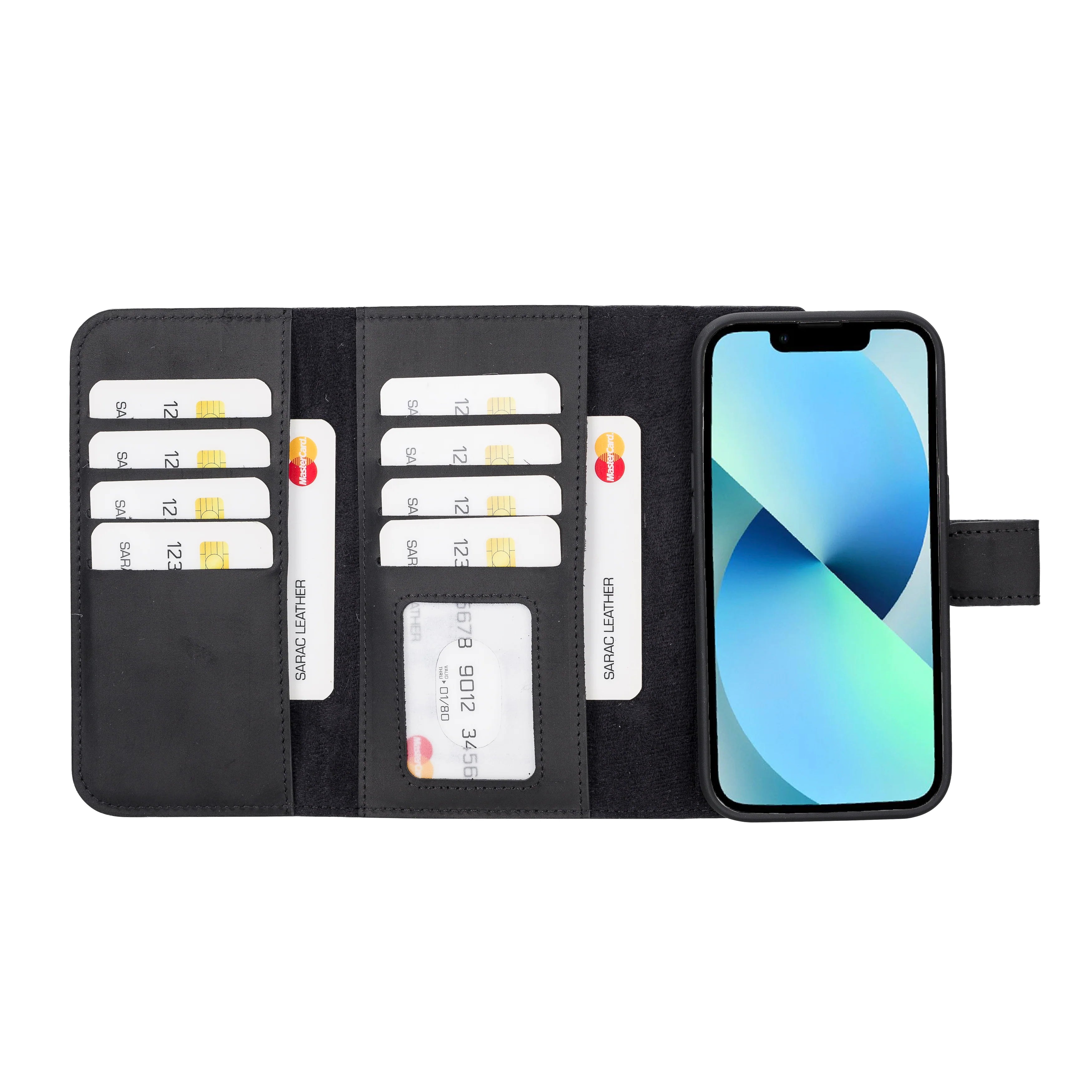 Black phone wallet case with card slots and a phone inserted on a white background