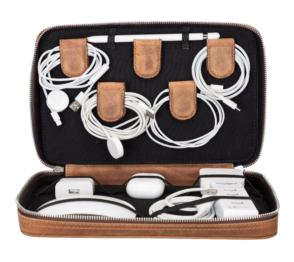 Black and brown carrying case with electronic accessories including cables and devices.