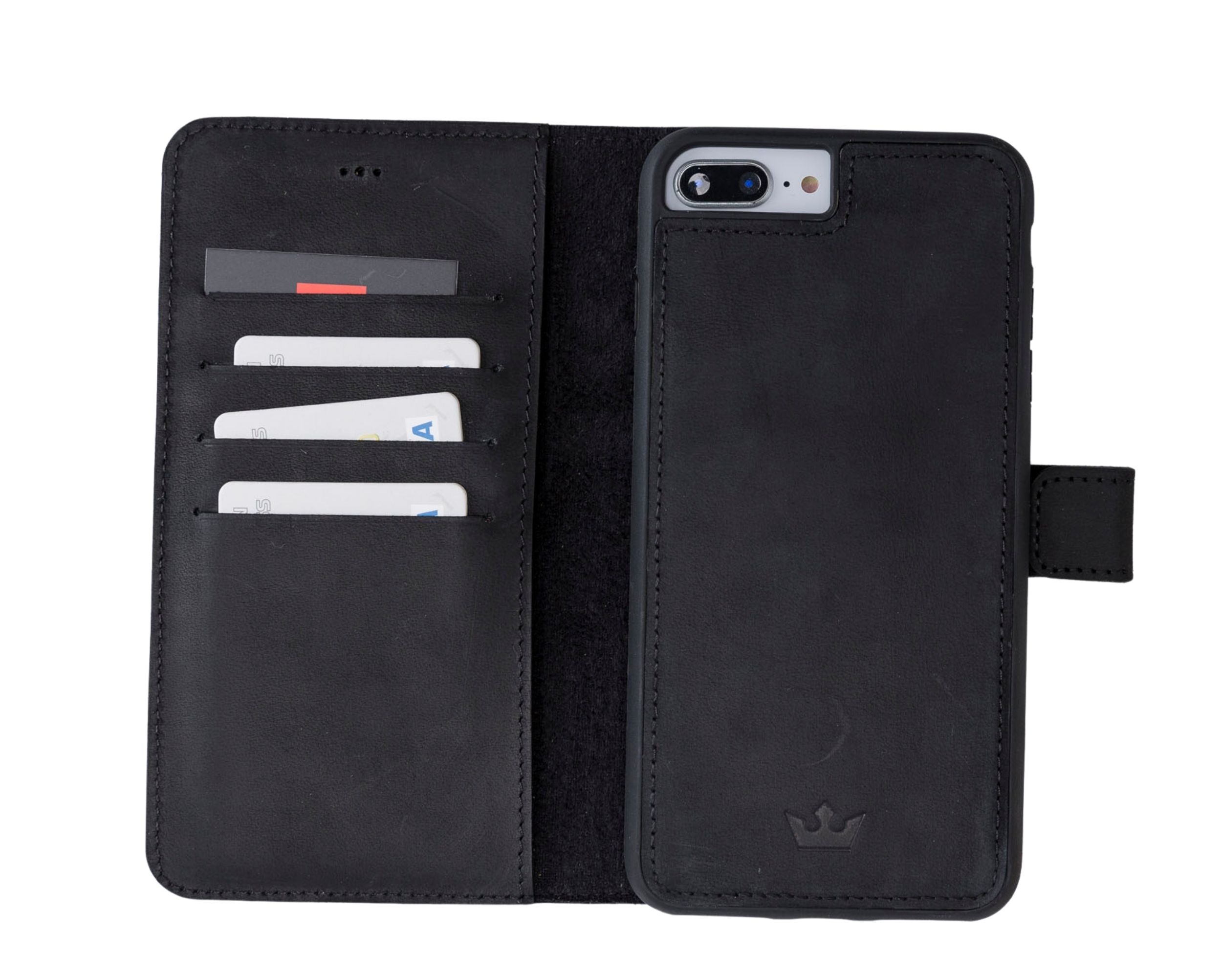 Black phone wallet case with card slots on a white background