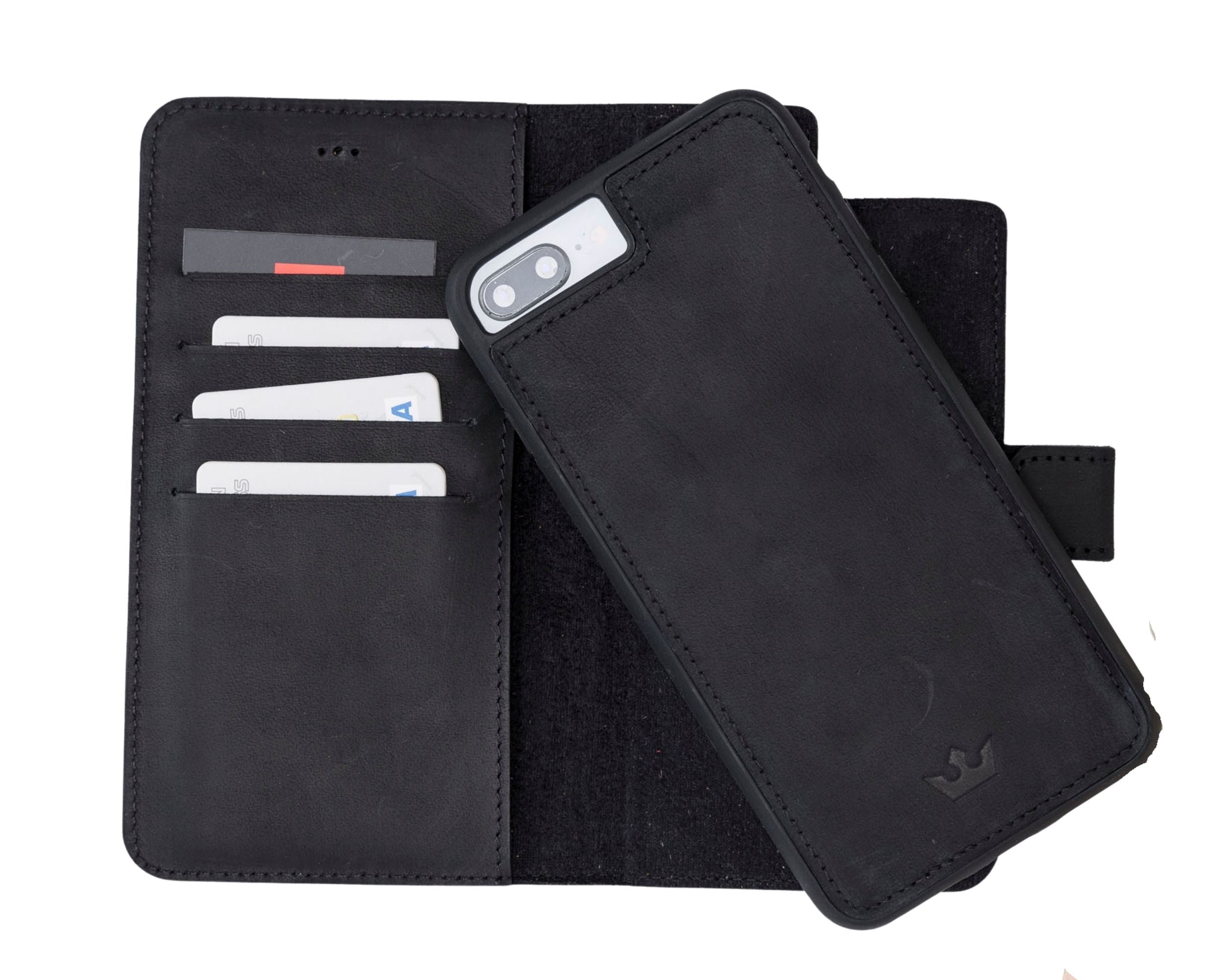 Black phone wallet case with card slots on a white background