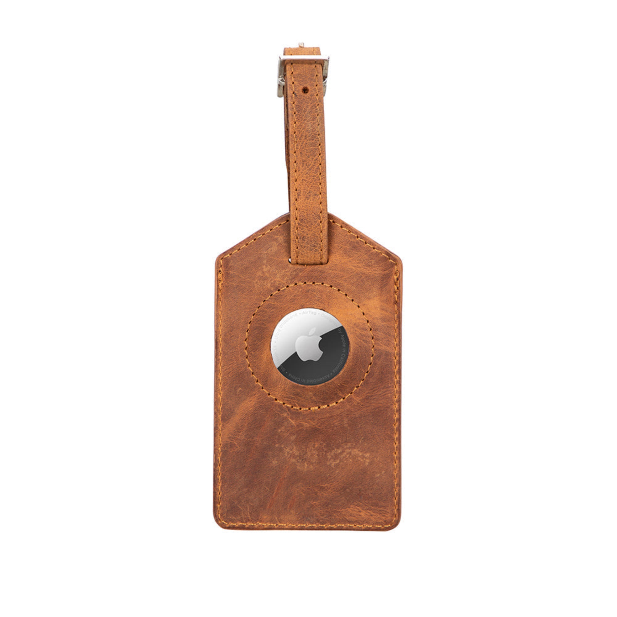 Brown leather luggage tag with a circular cutout featuring a logo on a white background