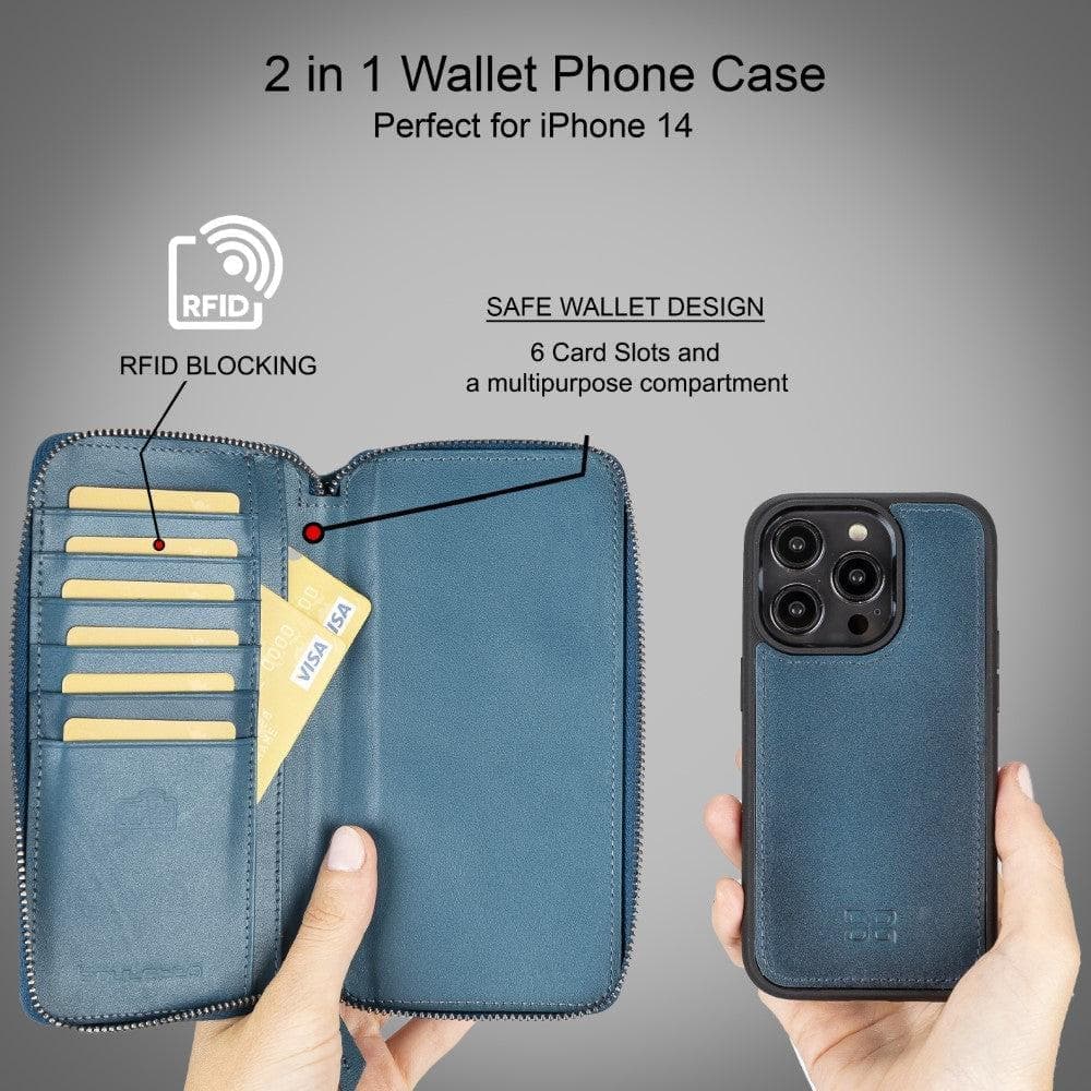 Étui portefeuille amovible en cuir véritable avec fermeture éclair pour iPhone 15 (6,1")