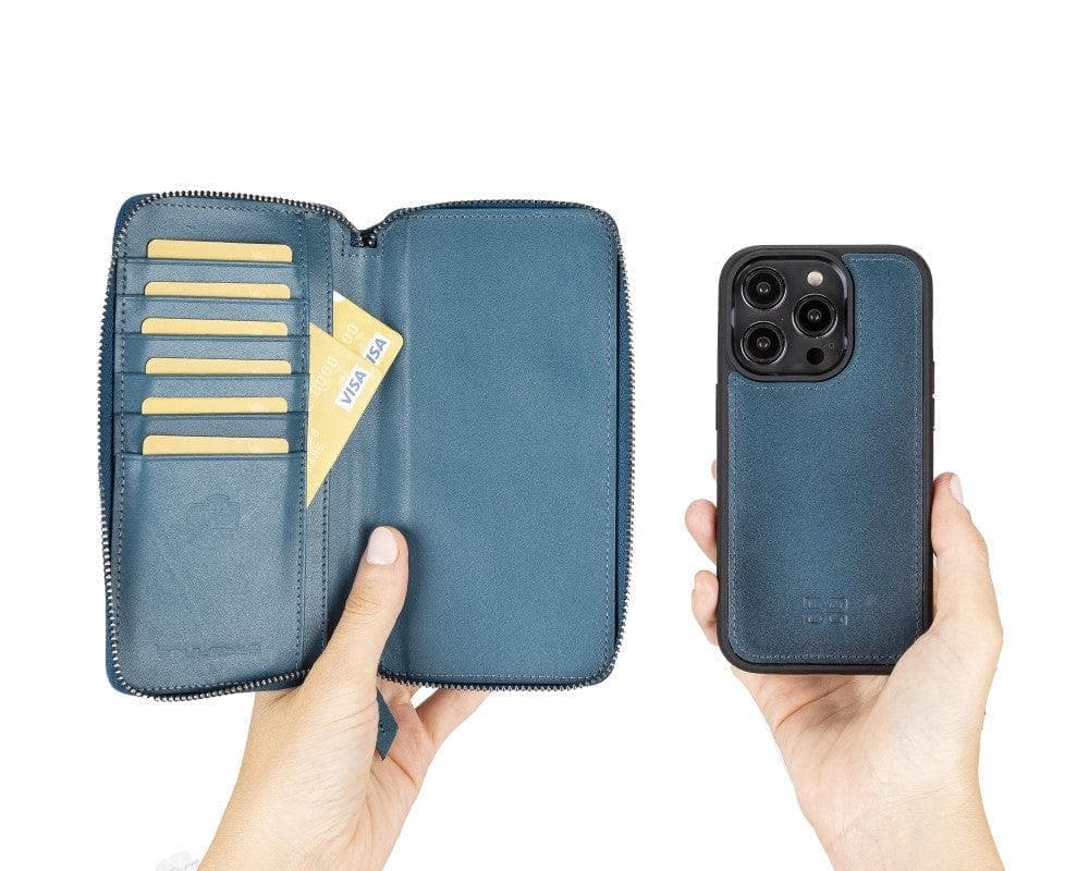 Étui portefeuille amovible en cuir véritable avec fermeture éclair pour iPhone 15 (6,1")