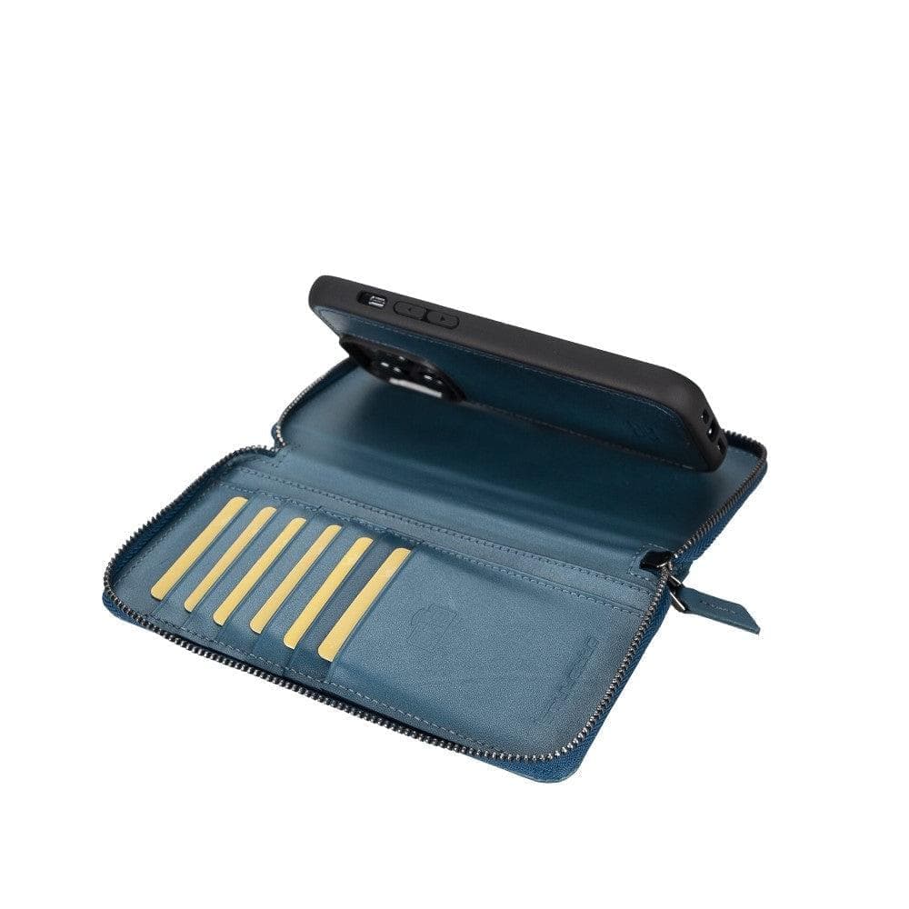 Étui portefeuille amovible en cuir véritable avec fermeture éclair pour iPhone 15 (6,1")