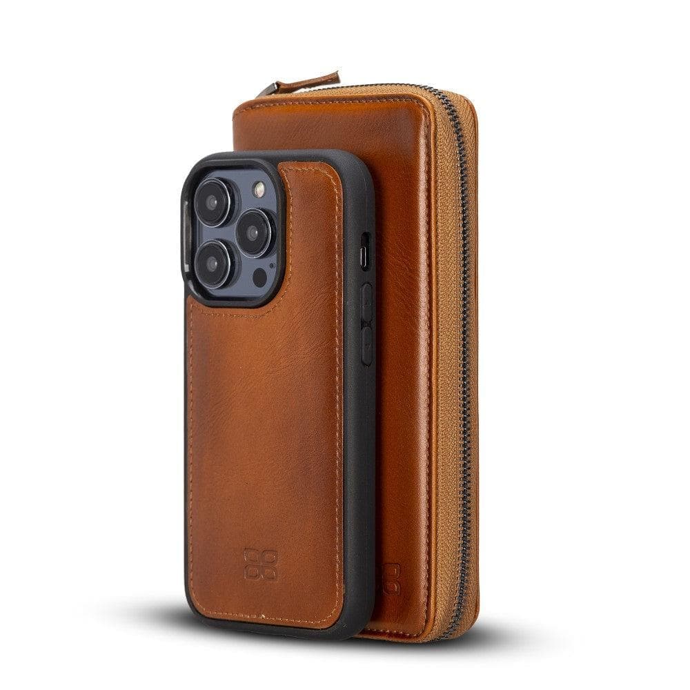 Étui portefeuille amovible en cuir véritable avec fermeture éclair pour iPhone 15 (6,1")