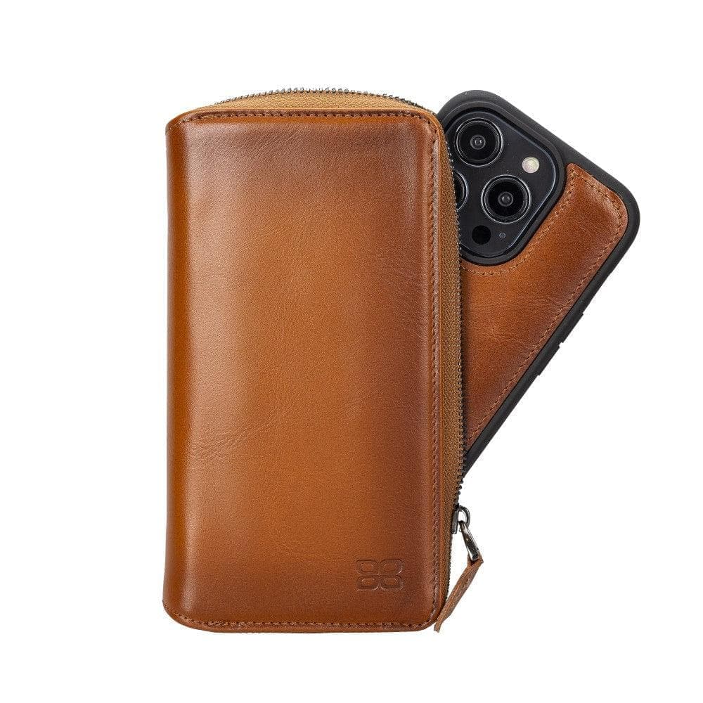 Étui portefeuille amovible en cuir véritable avec fermeture éclair pour iPhone 15 (6,1")