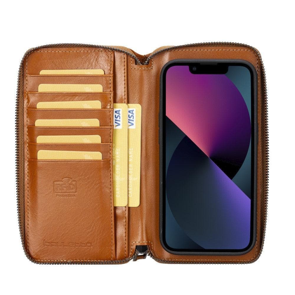 Étui portefeuille amovible en cuir véritable avec fermeture éclair pour iPhone 15 (6,1")