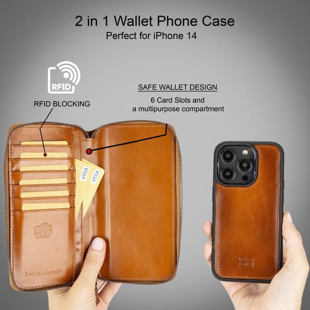 Étui portefeuille amovible en cuir véritable avec fermeture éclair pour iPhone 15 (6,1")