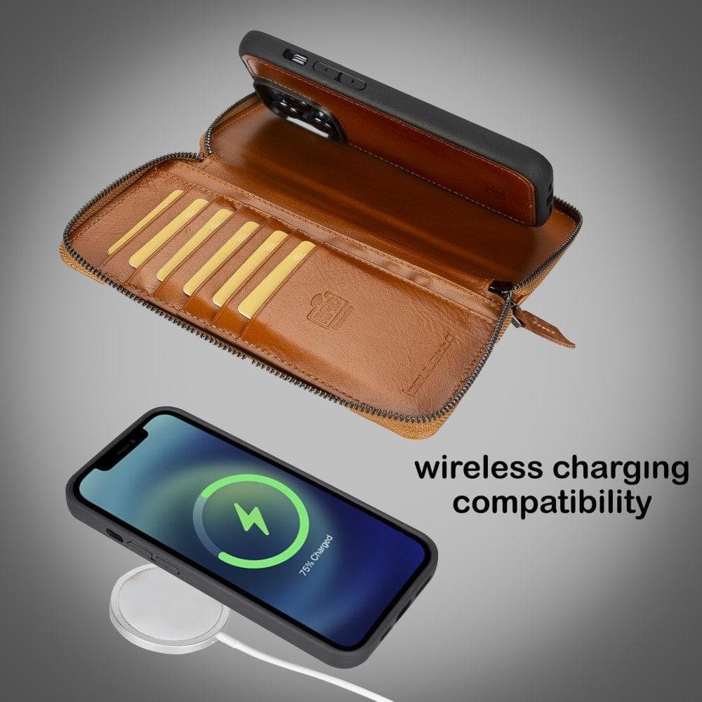 Étui portefeuille amovible en cuir véritable avec fermeture éclair pour iPhone 15 (6,1")