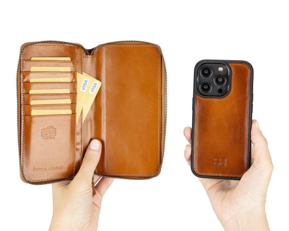 Étui portefeuille amovible en cuir véritable avec fermeture éclair pour iPhone 15 (6,1")