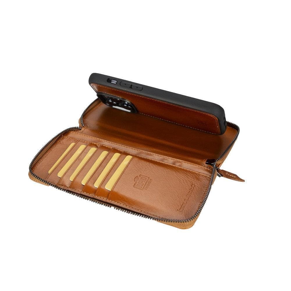 Étui portefeuille amovible en cuir véritable avec fermeture éclair pour iPhone 15 (6,1")