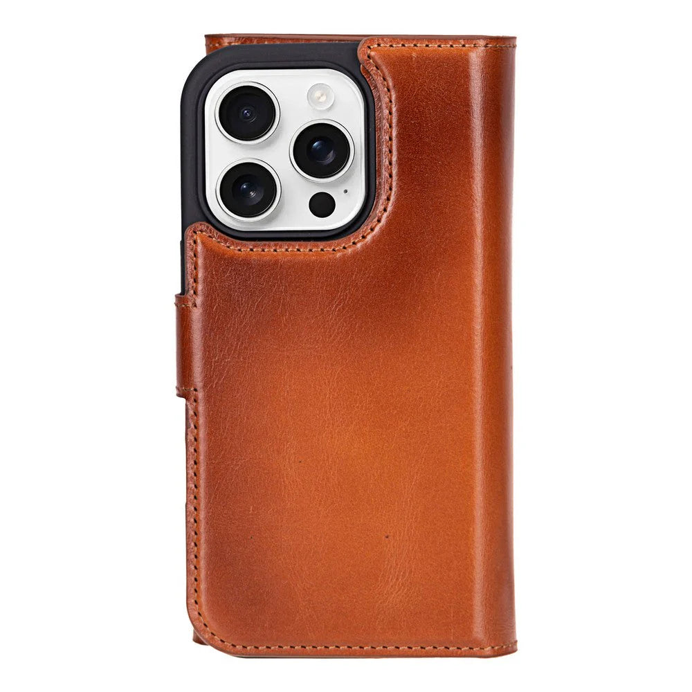 Brown leather phone case with a white background