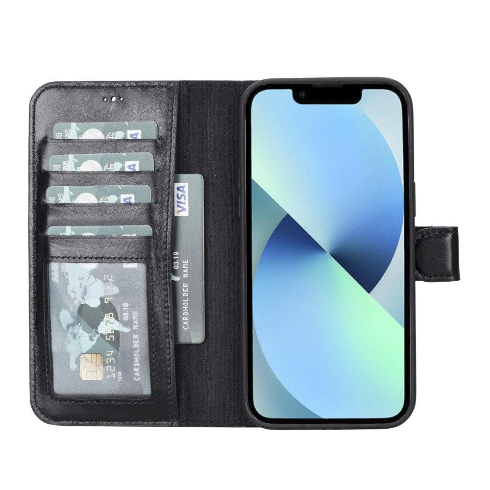 Black phone wallet case with card slots and phone display