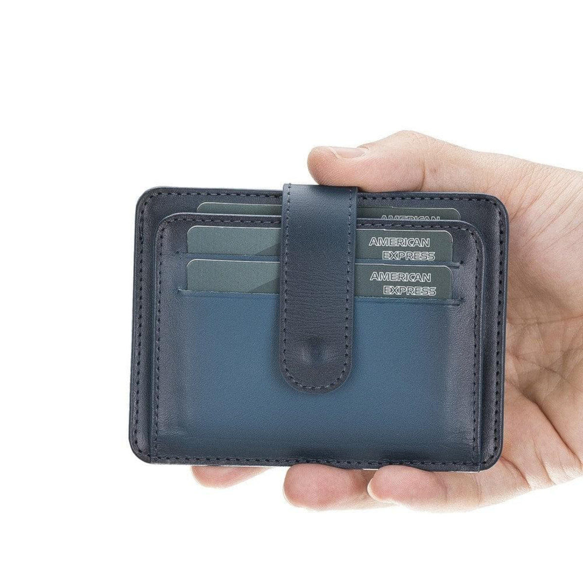 Hand holding a blue wallet with American Express branding on a white background