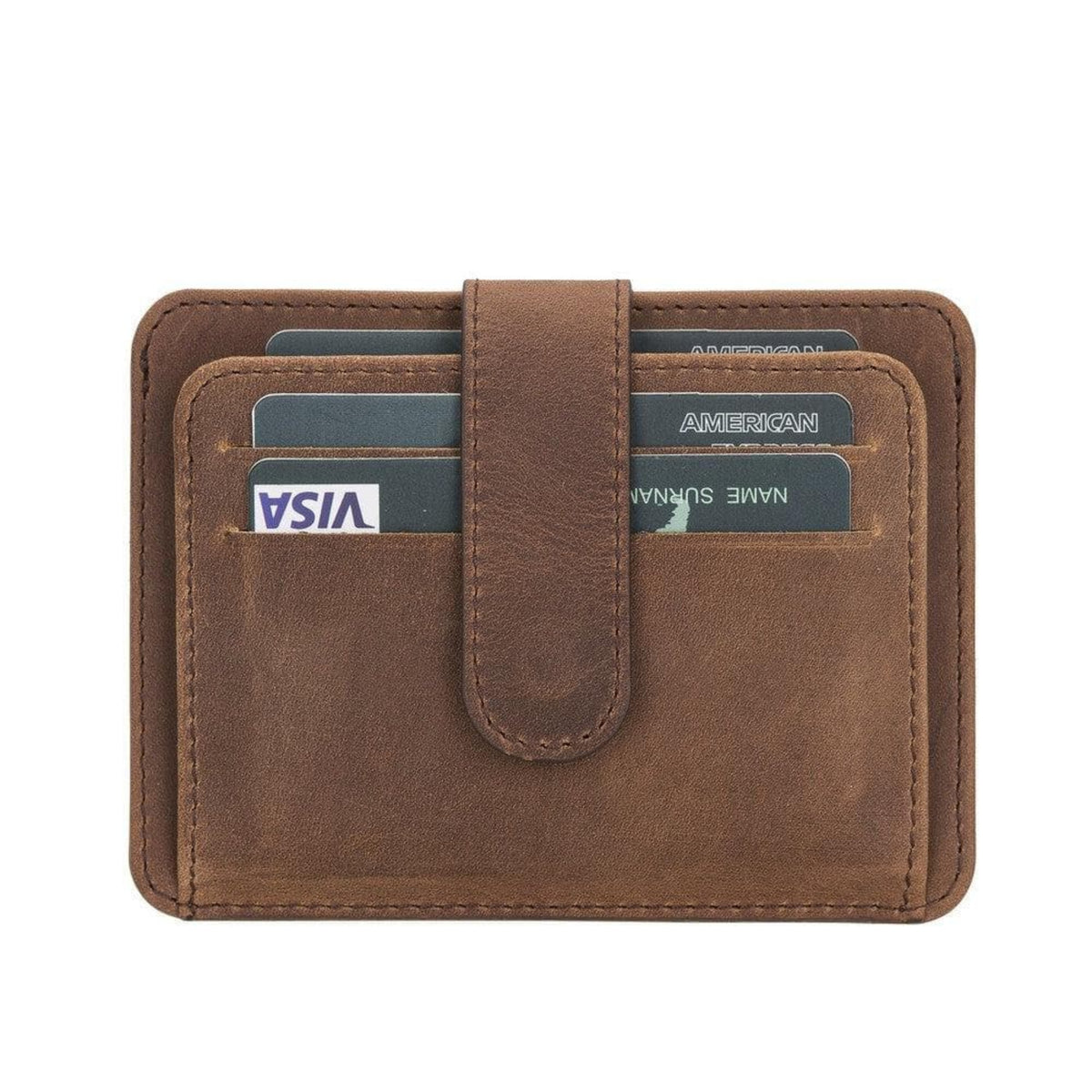 Brown leather wallet with card slots on a white background