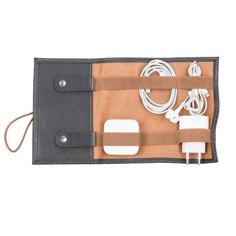 Foldable carrying case with compartments for electronic devices on a white background