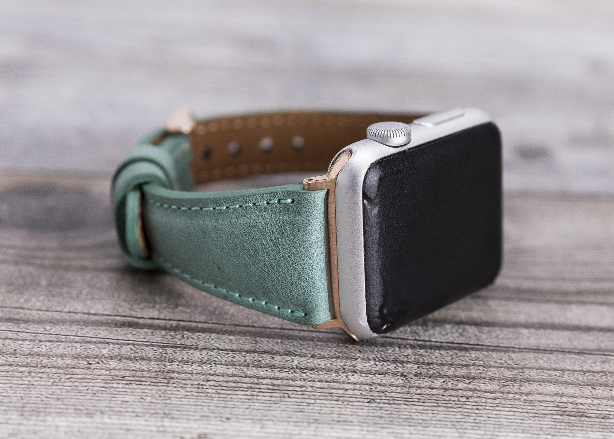 Mint Slim genuine leather Apple Watch band with metal buckle, handmade and compatible with Ultra, SE, and Series 1–10 models