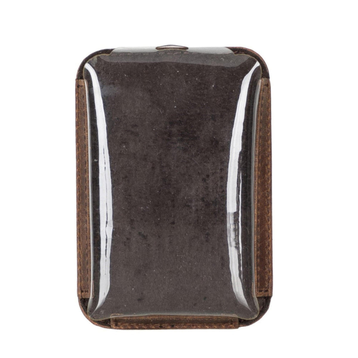 Rectangular brown leather case with clear plastic front on a white background