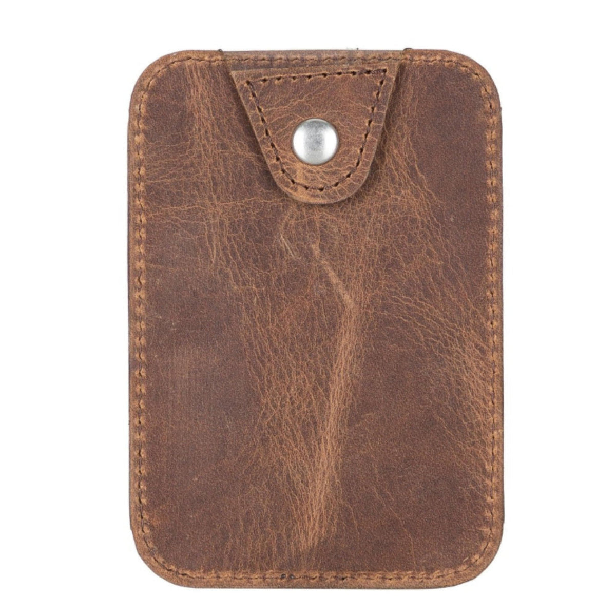 Brown leather pouch with a flap and button on a white background