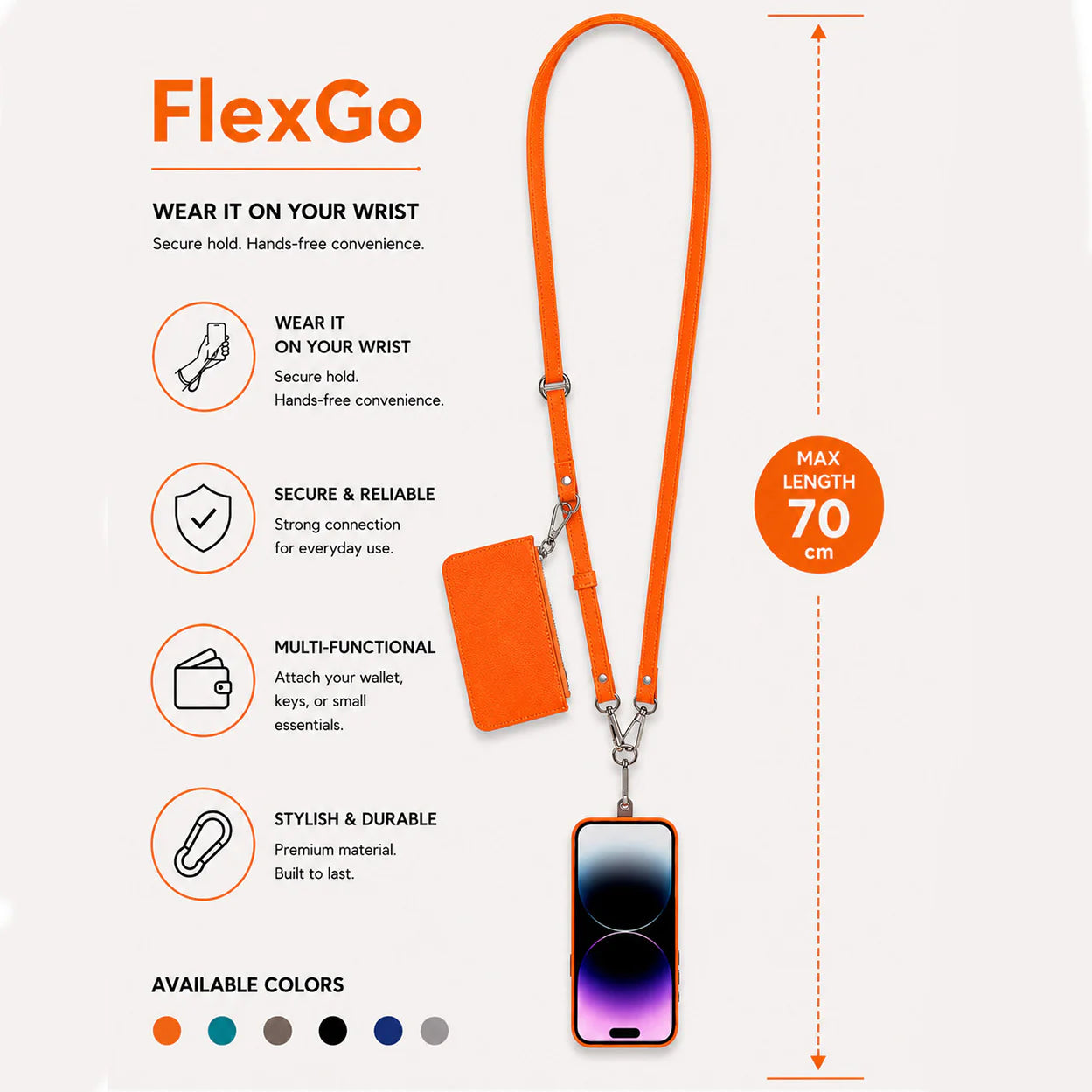 An orange wrist strap lanyard with a matching card holder and phone loop, shown on a light background with product features, text, and a phone accessory example. The brand name FlexGo is visible at the top.