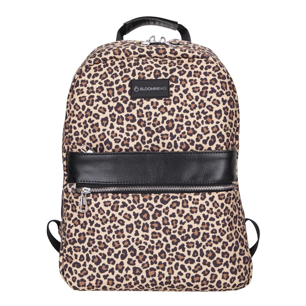 Leopard print backpack with black accents on a white background