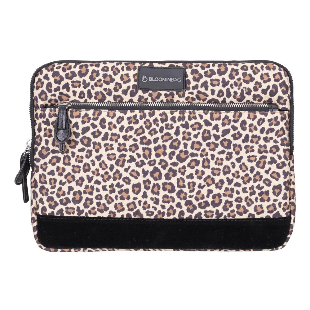 Leopard print pouch with black trim on a white background