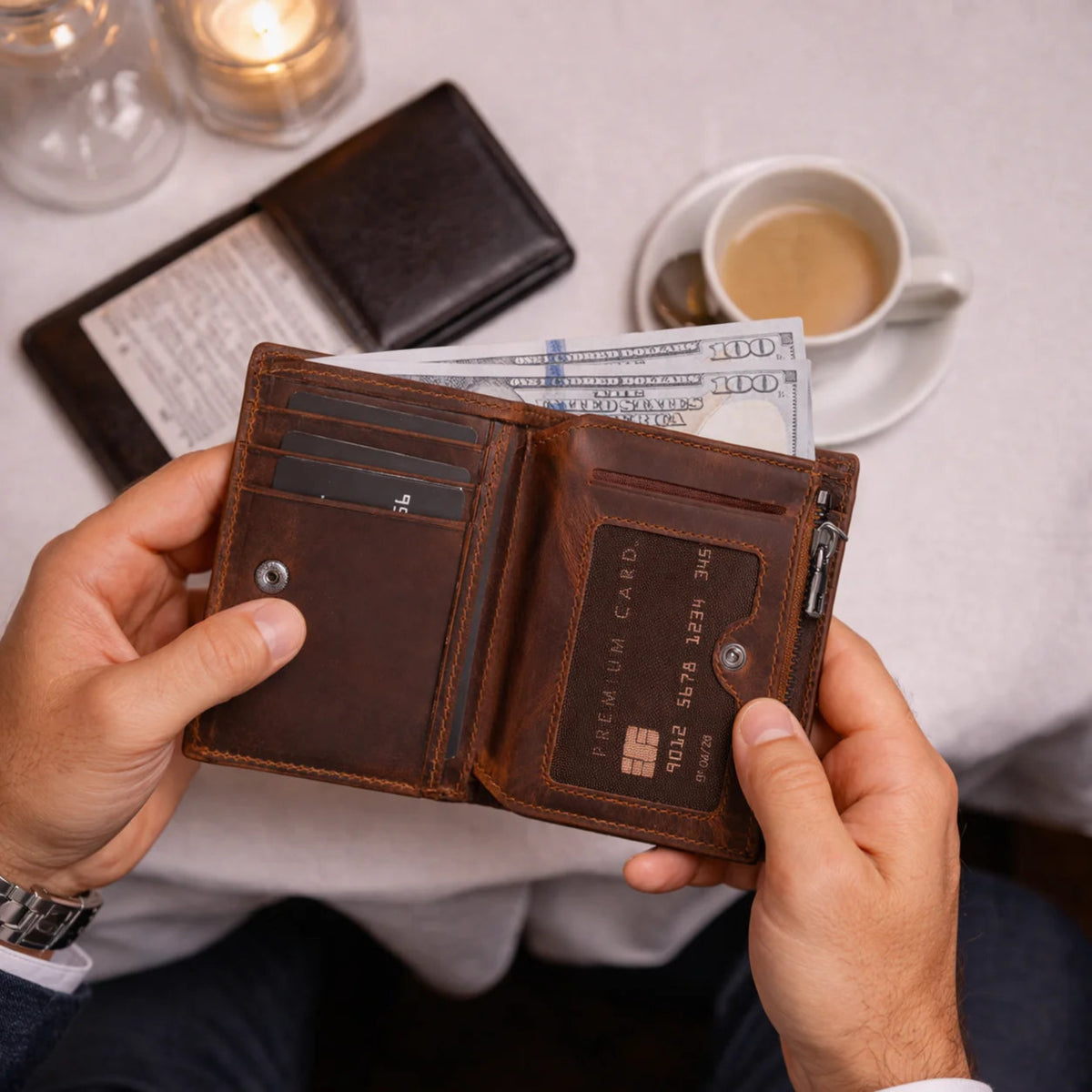 Person holding a brown leather wallet with money and cards, with a cup of coffee and book in the background.