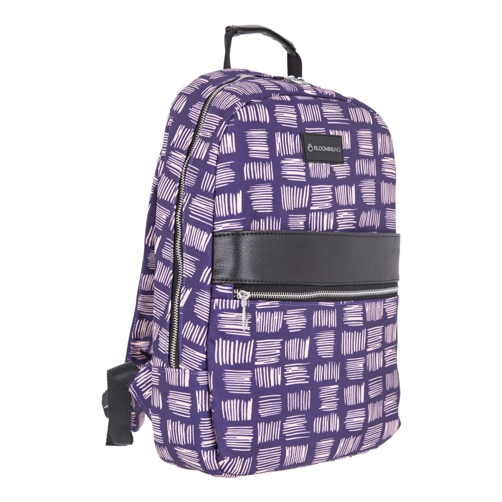 Purple backpack with white pattern on a white background