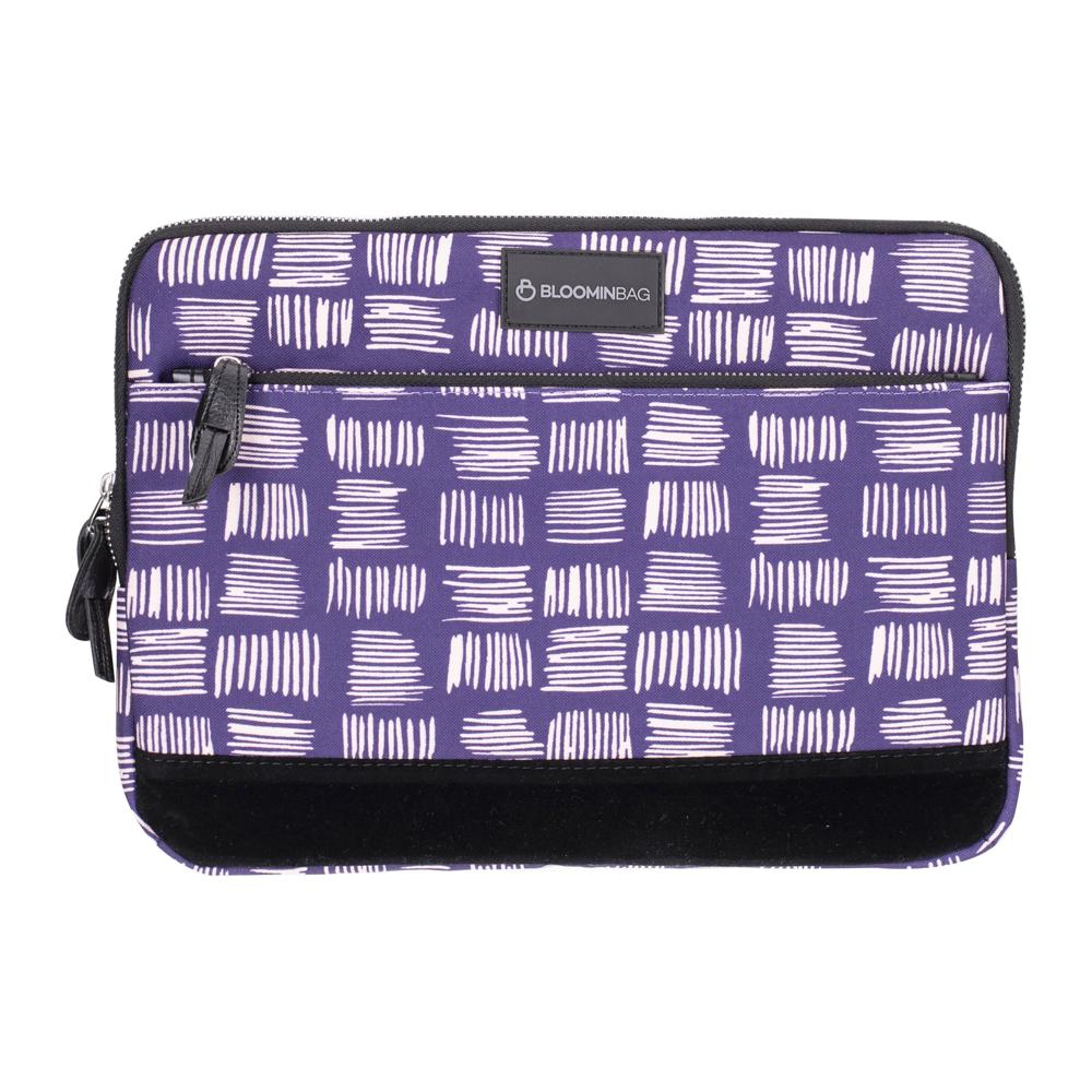 Purple pouch with white pattern and Bloomine bag logo on a white background