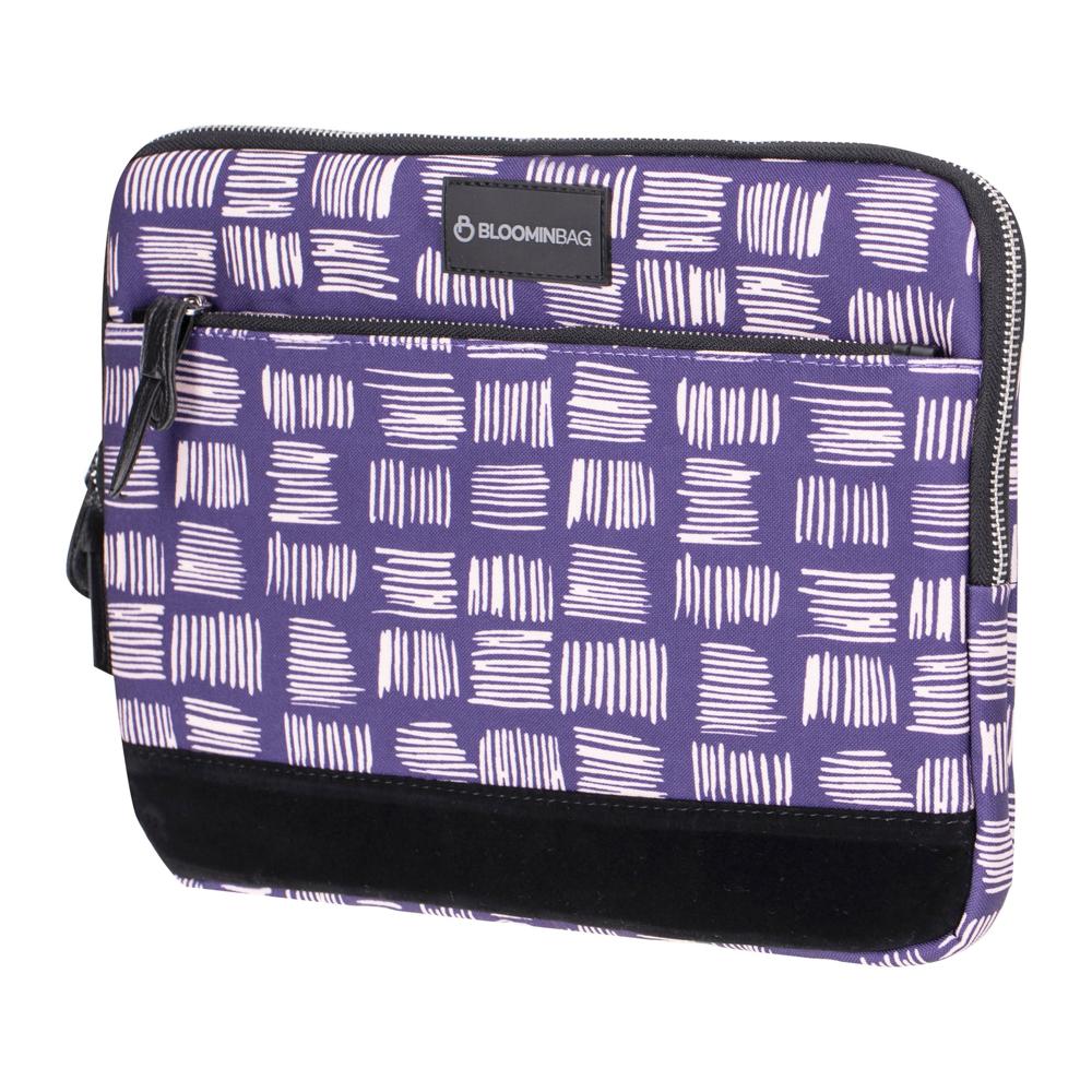 Purple pouch with white pattern and black accents on a white background