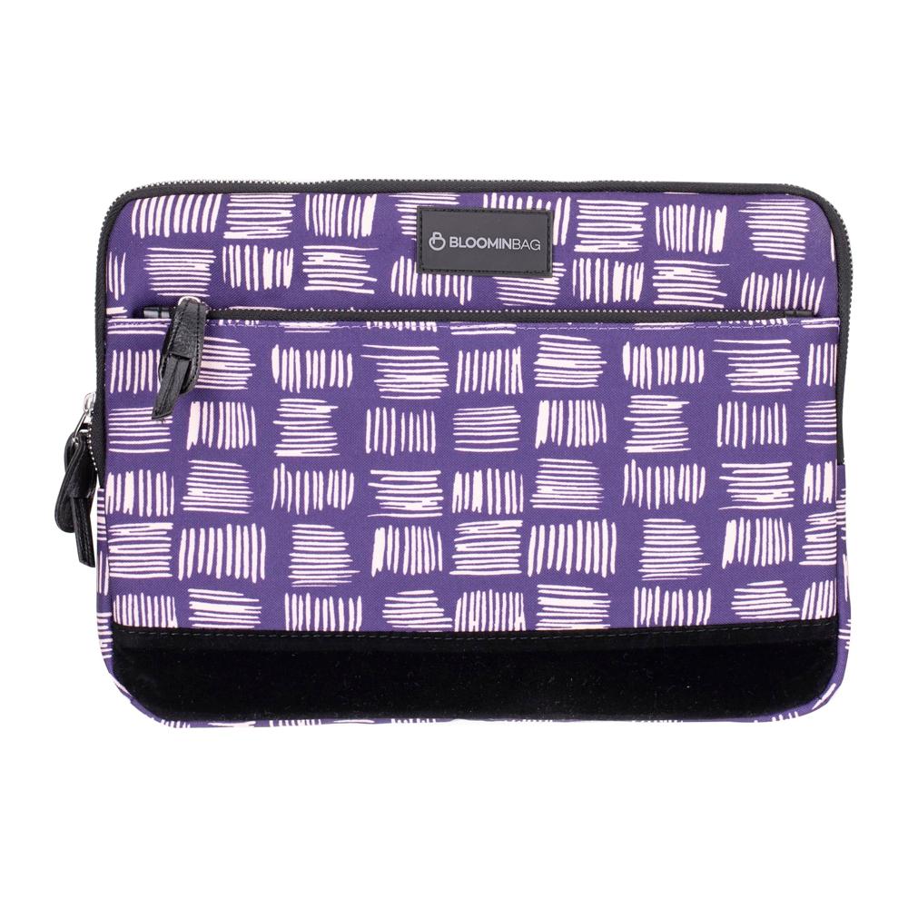 Purple pouch with white pattern and black zipper on a white background