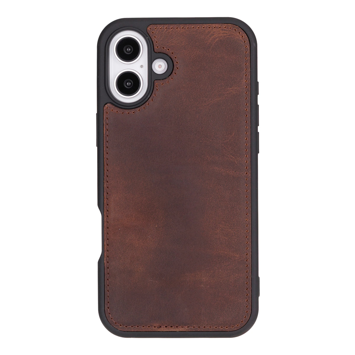 Brown leather phone case with black border on a white background
