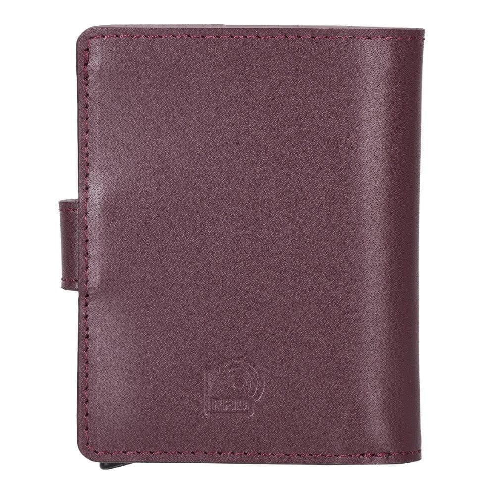 Purple leather wallet with a brand logo on a white background