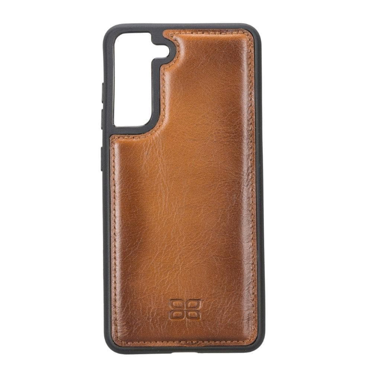 A brown leather phone case with a black protective bumper frame, featuring a stitched design and an embossed logo near the bottom, shown on a plain white background.