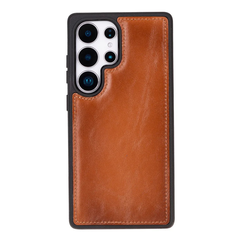 Brown leather phone case with black border on a white background