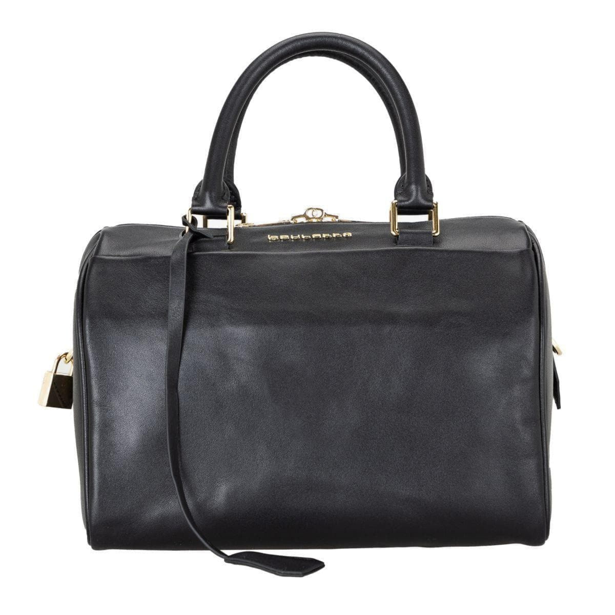 A red genuine leather women's handbag with gold zipper detailing and a brand logo on the front.