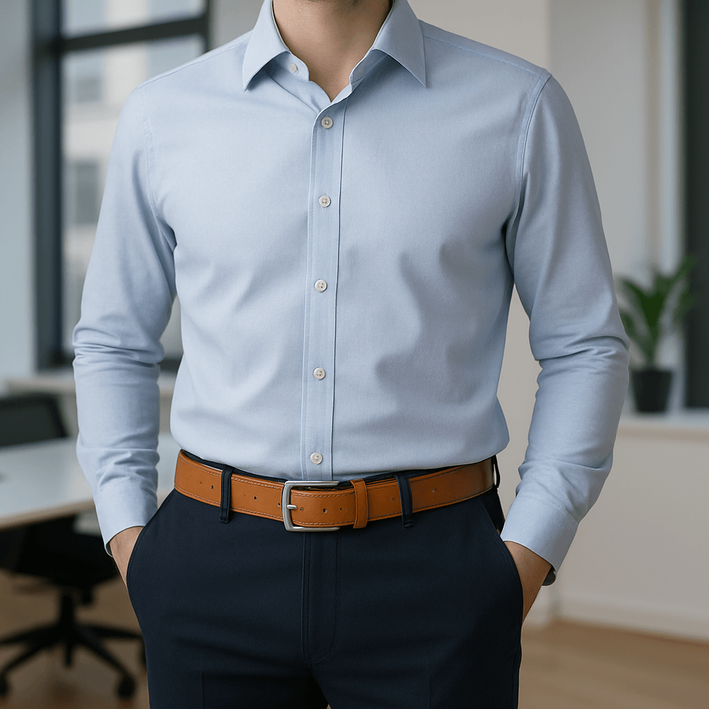 Person wearing a light blue dress shirt with a brown belt in an office setting